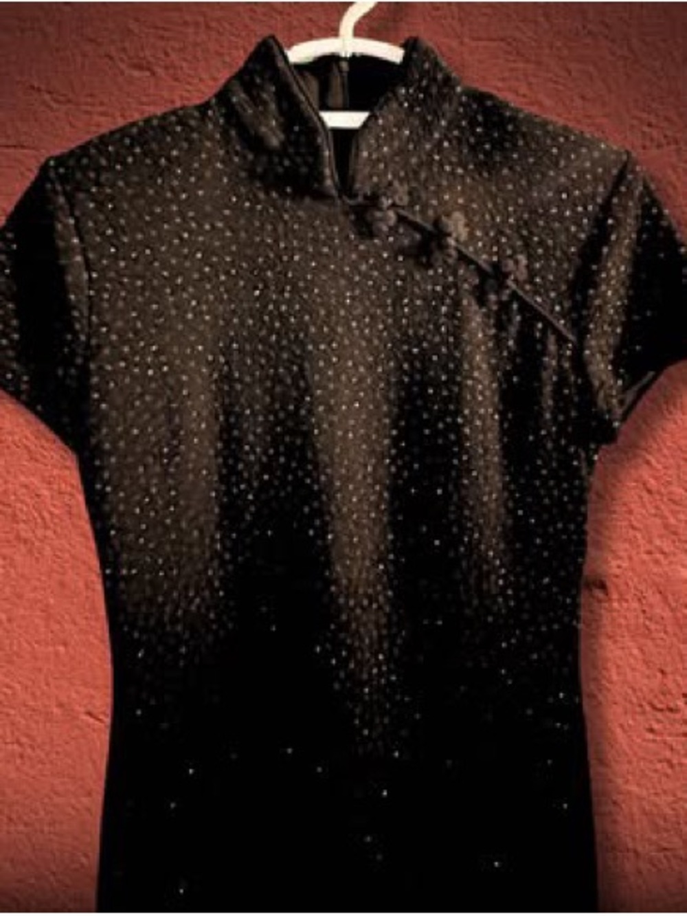 Vintage David Warren Black Short-Sleeve Mandarin Collar Maxi Dress with Sparkle